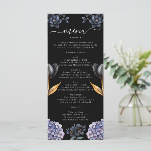 Moody Black Floral Classic Whimsical Chic Wedding Menu (Staand voorkant)