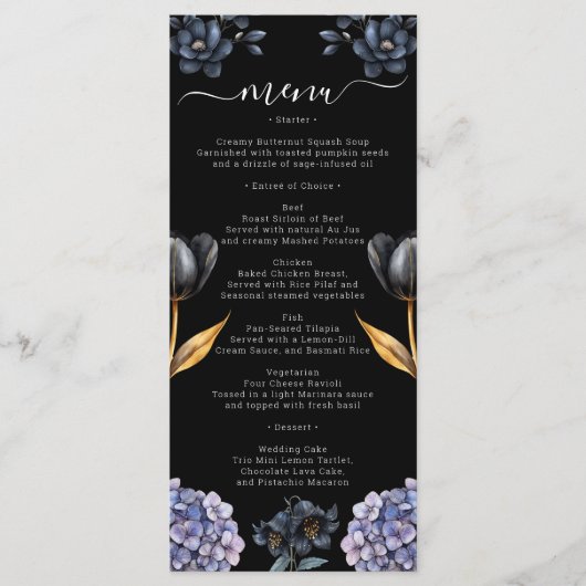 Moody Black Floral Classic Whimsical Chic Wedding Menu (Voorkant)