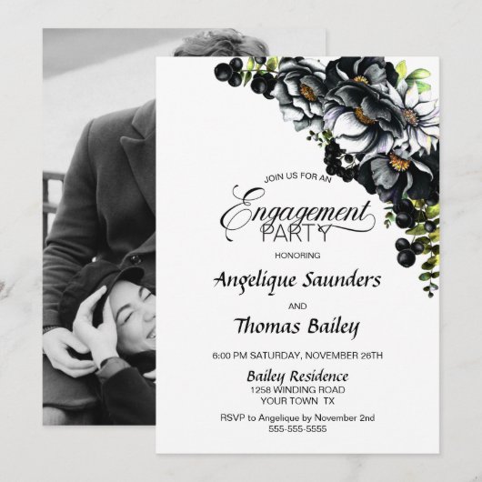 Moody Black Floral Custom Photo Engagement Party Kaart (Voorkant / Achterkant)