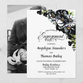 Moody Black Floral Custom Photo Engagement Party Kaart