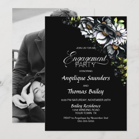 Moody Black Floral Custom Photo Engagement Party Kaart (Voorkant / Achterkant)