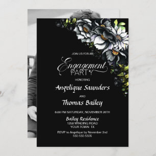 Moody Black Floral Custom Photo Engagement Party Kaart