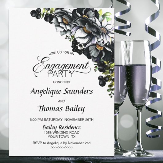 Moody Black Floral Engagement Party Kaart