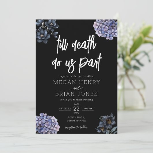 Moody Black Floral Till Death Do Us Part Wedding Kaart (Staand voorkant)