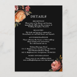 Moody Black Floral Wedding Details Enclosure Kaart