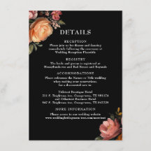 Moody Black Floral Wedding Details Enclosure Kaart