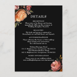 Moody Black Floral Wedding Details Enclosure Kaart