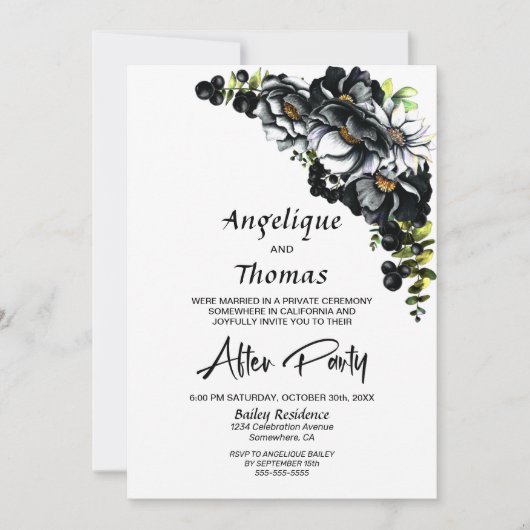 Moody Black Floral Wedding Reception Kaart (Voorkant)