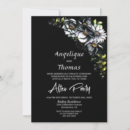Moody Black Floral Wedding Reception Kaart (Voorkant)