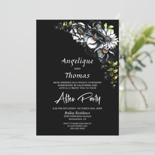 Moody Black Floral Wedding Reception Kaart (Staand voorkant)