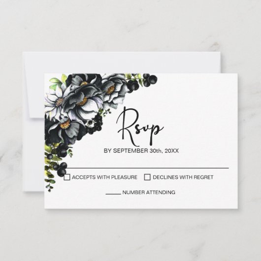 Moody Black Floral Wedding RSVP (Voorkant)