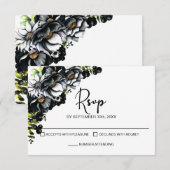Moody Black Floral Wedding RSVP Kaartje (Voorkant / Achterkant)