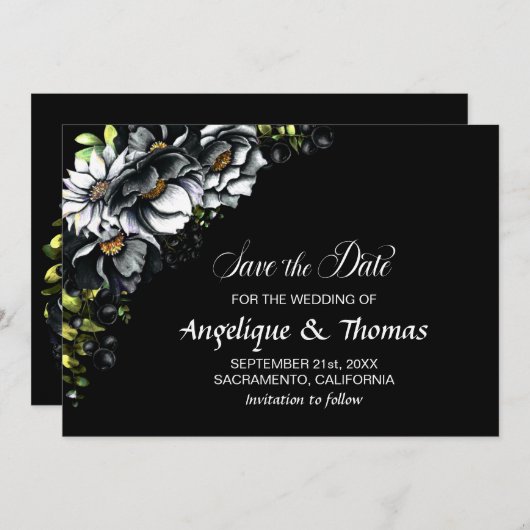 Moody Black Floral Wedding Save The Date (Voorkant / Achterkant)