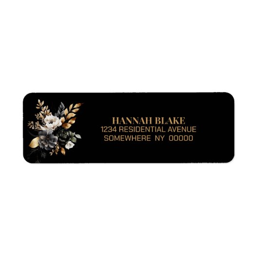 Moody Black Gold Floral Retour Adres Label (Voorkant)