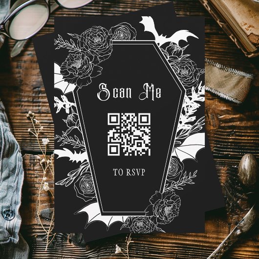 Moody Black Gothic Wedding QR Code Website RSVP Kaartje