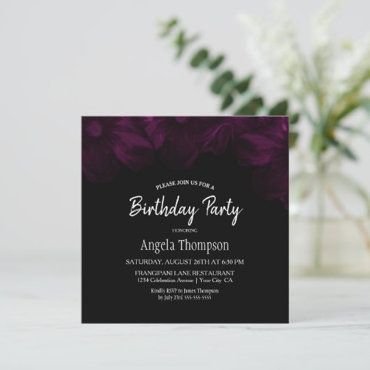 Moody Black met Pink Floral Birthday Party Kaart (Staand voorkant)