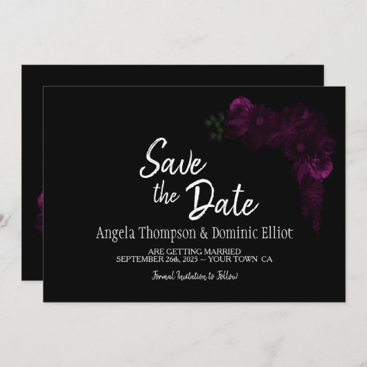 Moody Black met roze Floral Wedding Save the Date (Voorkant / Achterkant)