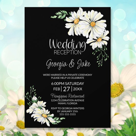 Moody Black met White Daisies Wedding Reception Kaart