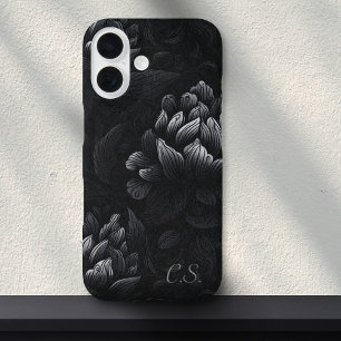Moody Black Peony Monogram Girly Gothic Floral iPhone 16 Hoesje