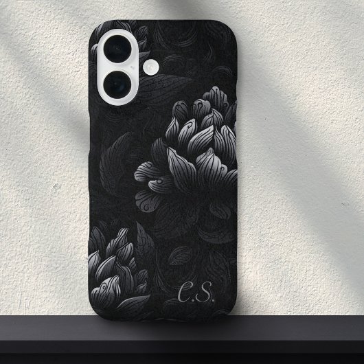Moody Black Peony Monogram Girly Gothic Floral Case-Mate iPhone Case