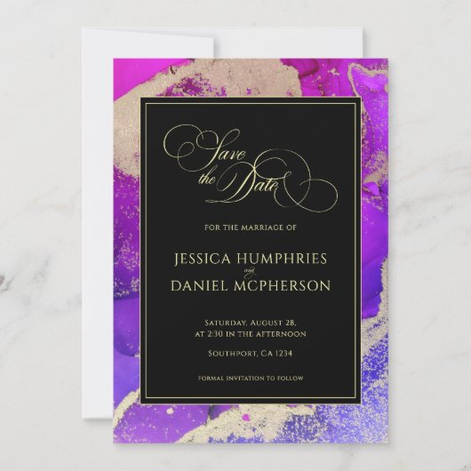Moody Black Pink Gold Paars Abstract huwelijk Save The Date (Voorkant)