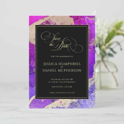 Moody Black Pink Gold Paars Abstract huwelijk Save The Date (Staand voorkant)