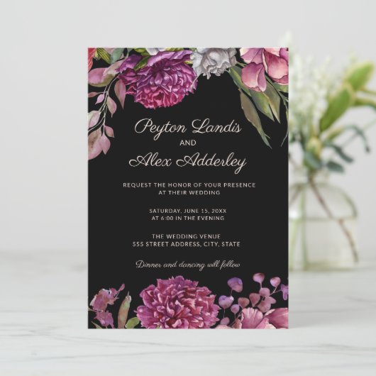 Moody Black Purple Flowers Weddenschap Kaart (Staand voorkant)