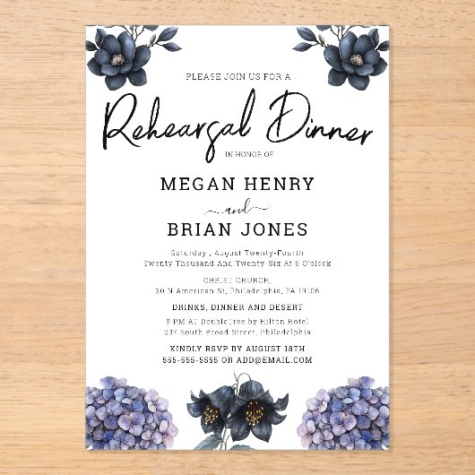 Moody Black Rose Classic Wedding Rehearsal Dinner Acryl Uitnodigingen (Voorkant)