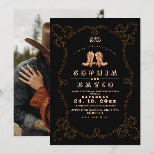 Moody Black Rustic Western Wedding  Kaart (Voorkant / Achterkant)