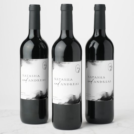 Moody Black Waterverf Minimalistische bruiloft Wijn Etiket (Flessen)