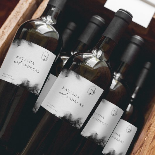 Moody Black Waterverf Minimalistische bruiloft Wijn Etiket