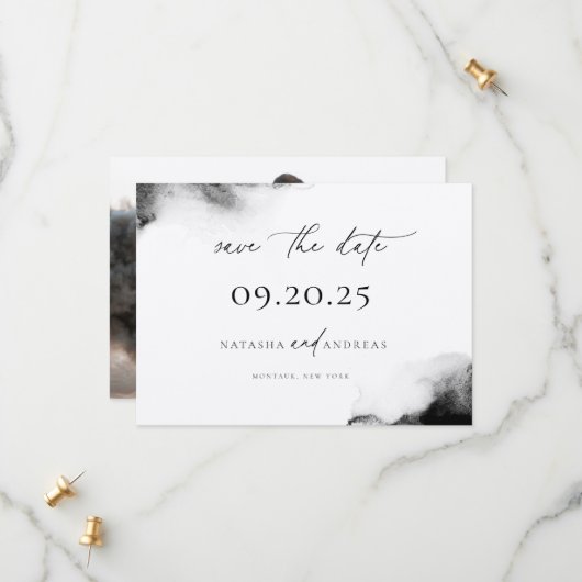 Moody Black Waterverf Minimalistische trouwfoto Save The Date (Voorkant / Achterkant in situ)
