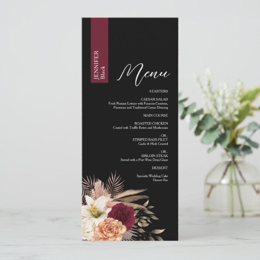 Moody Black Wedding Menu met Gastnaam (Staand voorkant)