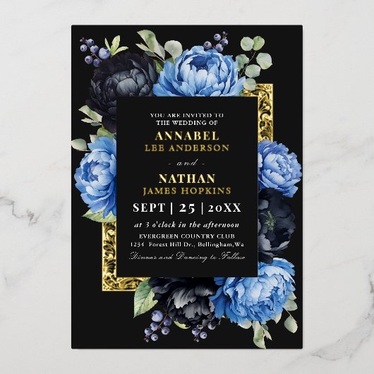 Moody blauw en zwart elegante bloemenbruiloft folie uitnodiging (Voorkant)