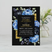 Moody blauw en zwart elegante bloemenbruiloft folie uitnodiging (Staand Voorkant)