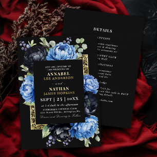 Moody blauw en zwart elegante bloemenbruiloft folie uitnodiging