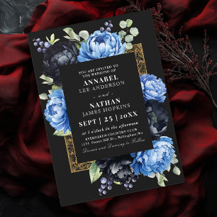 Moody blauw en zwart elegante bloemenbruiloft kaart