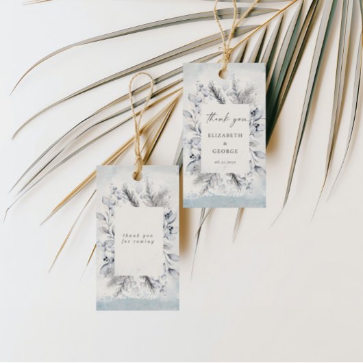 Moody Blauw Winter Bloemen Monogram Bruiloft Cadeaulabel