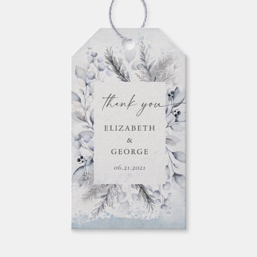 Moody Blauw Winter Bloemen Monogram Bruiloft Cadeaulabel (Voorkant)