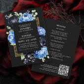 Moody Blauw Zwart Elegante Bloemen Wedding QR Code Kaart