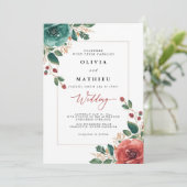 Moody Blauwgroen en rode bloemen bruiloft Kaart (Staand voorkant)