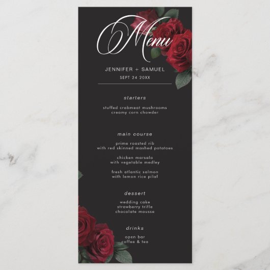 Moody bloed rode rozen bruiloft menu (Voorkant)