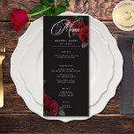 Moody bloed rode rozen bruiloft menu<br><div class="desc">Omarm tijdloze elegantie voor uw gotische geïnspireerde feest met onze boeiende bruiloft lange menukaart. Een zachte zwarte achtergrond biedt het perfecte canvas voor een boeiend, maar ingetogen boeket. Stel je een hoekarrangement voor van gedempte rode rozenbloemen, waar rijke rode tinten zich mengen met donkergroen gebladerte. Dit etherische ontwerp straalt rustige...</div>