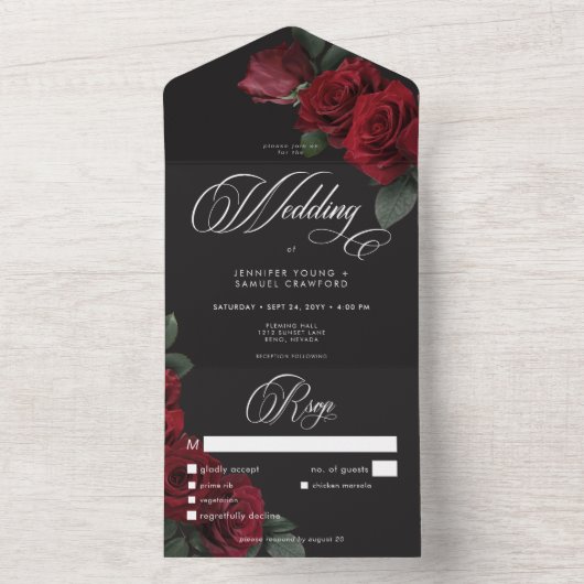 Moody Bloed Rode Rozen Trouwdiner All In One Uitnodiging (Binnen)