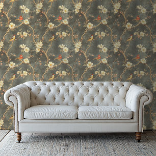 Moody bloemen behang met bloemen en vogels