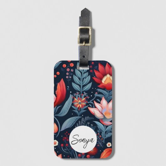 Moody Bloemen Blauw Rood Patroon Aangepaste Naam Bagagelabel (Voorkant (verticaal))