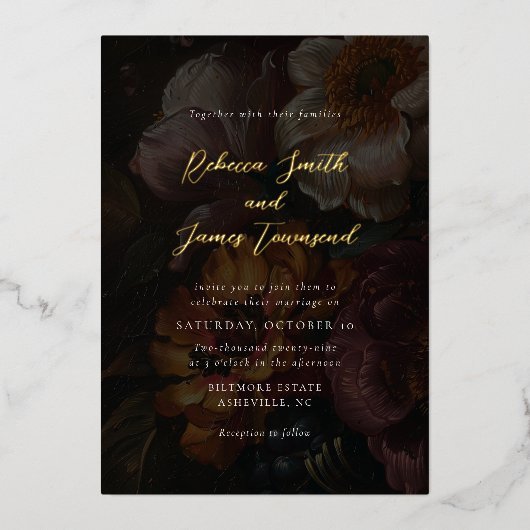 Moody Bloemen Donkere Botanische Kalligrafie Trouw Folie Uitnodiging (Voorkant)