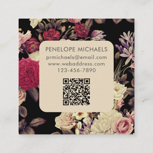 Moody  bloemmotief zwart vierkante visitekaartje (Achterkant)