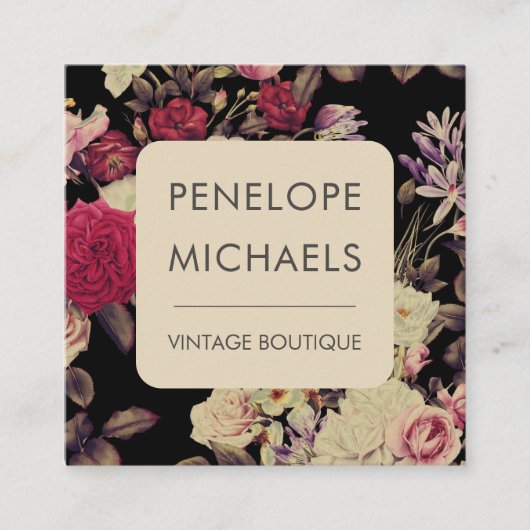 Moody  bloemmotief zwart vierkante visitekaartje (Voorkant)