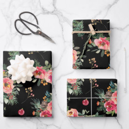 Moody bloempatroon | Black Christmas Botanical Inpakpapier Vel